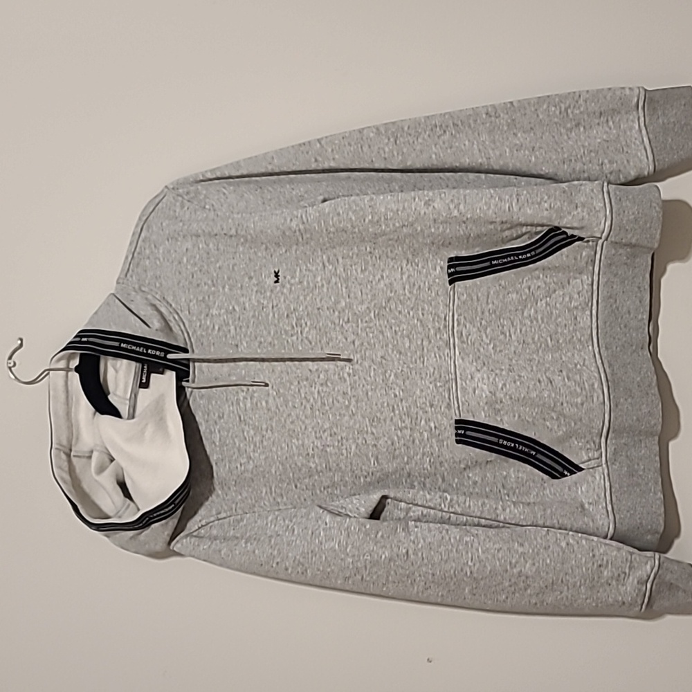MICHAEL KORS MEN'S PULLOVER HOODIE LOGO TAPE KANGAROO FRONT POCKETS GREY SIZE M